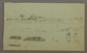 Rysunek, Ruiny otoczone murami, namioty, dwa studia postaci, 28 kwietnia 1868 r. autorstwa Frederic Edwin Church