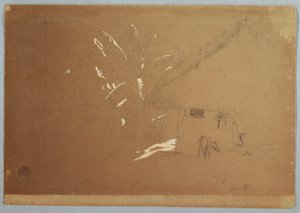 Rysunek, siedząca kobieta i pasący się osioł przed domem w pobliżu Jorje, Ekwador, 23 czerwca 1857 r. autorstwa Frederic Edwin Church