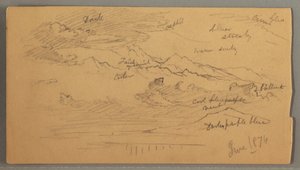 Rysunek, Ostre szczyty górskie, zachmurzone niebo, czerwiec 1874 r. autorstwa Frederic Edwin Church