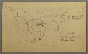 Rysunek, szkic. Widok na Khirbet en Wasara "Petra / z drogi do / El Deir", prawdopodobnie 1868, 26 lutego autorstwa Frederic Edwin Church