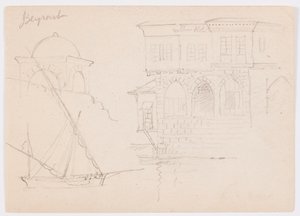 Rysunek, Szkice budowli z kopułą, statku i okazałego domu, styczeń 1868 r. autorstwa Frederic Edwin Church