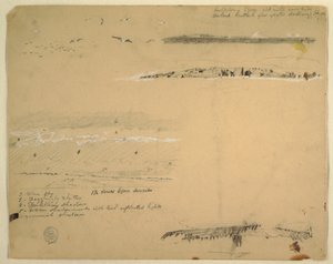 Rysunek przedstawiający mewy, skaliste wybrzeże i zachmurzone niebo, Great Manan, Kanada, wrzesień 1851 r. autorstwa Frederic Edwin Church