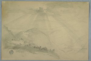 Rysunek, Słońce przebijające się przez chmury nad górską doliną, Jamajka, lipiec 1865 r. autorstwa Frederic Edwin Church
