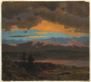 Rysunek, zachód słońca nad doliną Hudson, Nowy Jork, wrzesień 1870 r. autorstwa Frederic Edwin Church