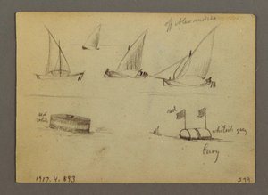 Rysunek, zachód słońca nad morzem, parowiec, prawdopodobnie 1868 r. autorstwa Frederic Edwin Church