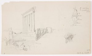 Rysunek, Świątynia Jowisza o wschodzie słońca, Baalbek, 7 maja 1868 r. autorstwa Frederic Edwin Church