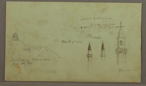 Rysunek, Grobowiec na wzgórzu, trzy minarety, 1 maja 1868 r. autorstwa Frederic Edwin Church