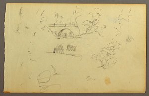 Rysunek, Drzewa, most, twarze z profilu, prawdopodobnie 1844 r. autorstwa Frederic Edwin Church