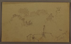 Rysunek, drzewa, postać, dom Linstead, maj 1865 r. autorstwa Frederic Edwin Church