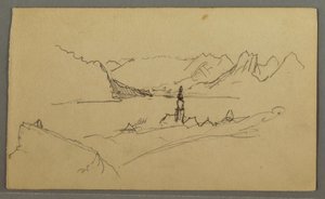 Rysunek, dolina, kościół, St. Gilgen Austria, prawdopodobnie 1868 r. autorstwa Frederic Edwin Church