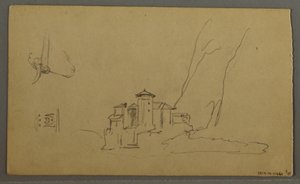 Rysunek, dolina, kościół, St. Gilgen Austria, prawdopodobnie 1868 r. autorstwa Frederic Edwin Church