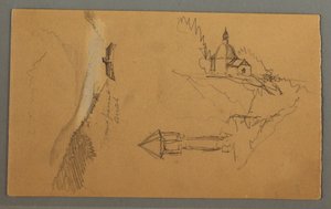 Rysunek, dolina, wieża, kościół, prawdopodobnie 1868 r. autorstwa Frederic Edwin Church