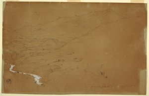 Rysunek przedstawiający dolinę ze strumieniem i domami w pobliżu Guarandy, Ekwador, 4 czerwca 1857 r. autorstwa Frederic Edwin Church