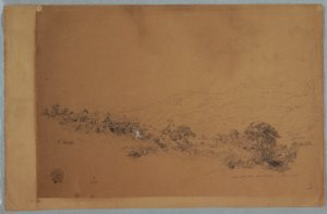 Rysunek, dolina z tartakiem McAllisters, Kolumbia, czerwiec 1853 r. autorstwa Frederic Edwin Church