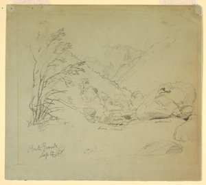 Rysunek, dolina z mostem w pobliżu Macugnaga, 12 września 1868 r. autorstwa Frederic Edwin Church
