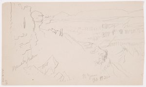 Rysunek, widok przez wzgórza i równinę w kierunku gór, dolina El Yemen, luty 1868 r. autorstwa Frederic Edwin Church