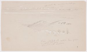 Rysunek, widok przez wzgórza i równinę w kierunku gór, dolina El Yemen, luty 1868 r. autorstwa Frederic Edwin Church