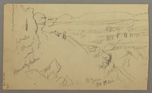 Rysunek, widok przez wzgórza i równinę w kierunku gór, dolina El Yemen, luty 1868 r. autorstwa Frederic Edwin Church