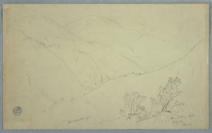 Rysunek, widok szczytu Blue Mountain widziany z okolic Salloway Hill, Jamajka, lipiec 1865 r. autorstwa Frederic Edwin Church