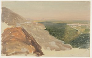 Rysunek, Widok równiny z Damaszkiem, Syria, z gór, maj 1868 r. autorstwa Frederic Edwin Church