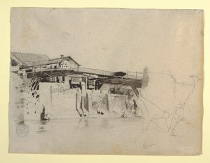 Rysunek, widok mostu i domów w Honda, Kolumbia, 1853 r. autorstwa Frederic Edwin Church