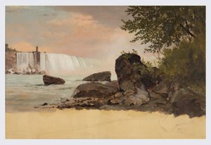 Rysunek, widok na wodospady kanadyjskie i Kozią Wyspę, wrzesień lub październik 1856 r. autorstwa Frederic Edwin Church