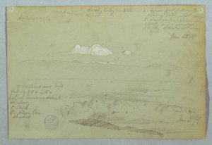 Rysunek, widok wulkanu Artisana z lub w pobliżu Quito i zachmurzone niebo nad grzbietem górskim, Ekwador, 23 czerwca 1857 r. autorstwa Frederic Edwin Church