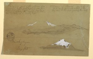 Rysunek, widoki wulkanu Puresé w Kolumbii i góry Sincholagua w Ekwadorze, 9 sierpnia i wrzesień 1853 r. autorstwa Frederic Edwin Church