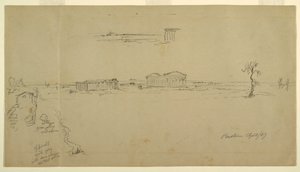 Rysunek, widok na bazylikę i świątynię Neptuna, Paestum, Włochy, kwiecień 1869 r. autorstwa Frederic Edwin Church