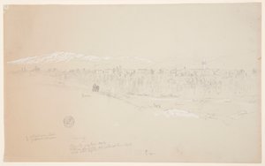 Rysunek, wioska Kuseiyeh, góra Liban w oddali, maj 1868 r. autorstwa Frederic Edwin Church