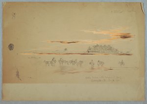 Rysunek, przewoźnicy wodni na zatoce Magdalena, Barranquilla, Republika Nueva Grenada, obecnie Kolumbia, 2 maja 1853 r. autorstwa Frederic Edwin Church