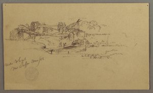 Rysunek przedstawiający koło wodne z basenem w ogrodzie, Jaffa, Palestyna [Tel Awiw, Izrael], marzec 1868 r. autorstwa Frederic Edwin Church