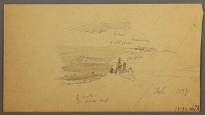 Rysunek, zalesione wzgórze, pagórkowata dolina, słońce, styczeń 1866 r. autorstwa Frederic Edwin Church