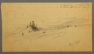 Rysunek, zalesione wzgórze, pagórkowata dolina, słońce, styczeń 1866 r. autorstwa Frederic Edwin Church