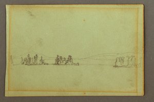 Rysunek, zalesione wyspy, pagórkowaty brzeg, prawdopodobnie 1856 r. autorstwa Frederic Edwin Church