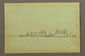 Rysunek, zalesiony brzeg, góry, prawdopodobnie 1856 r. autorstwa Frederic Edwin Church