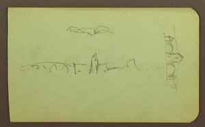 Rysunek, wzgórza, kościół, most; Verso: postać, krzyż, kościół, 1883 r. autorstwa Frederic Edwin Church