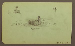 Rysunek, wzgórza, kościół, most; Verso: postać, krzyż, kościół, 1883 r. autorstwa Frederic Edwin Church