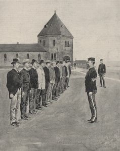 Pierwsza lekcja sztuki wojennej. Rekruci do dwóch dodatkowych pułków artylerii w Fort Slocum, Davids Island, Long Island Sound autorstwa Frederic Remington