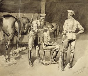 Strzyżenie w stajni kawalerii autorstwa Frederic Remington