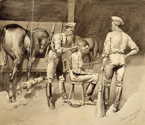Fryzura w stajni kawaleryjskiej, ok. 1893 (wc na papierze) autorstwa Frederic Remington