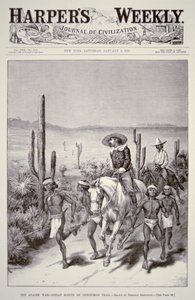 Apache Scouts prowadzą patrol wojskowy w pogoni za Geronimo (1829-1909) z „Tygodnika Harpera” 9 stycznia 1886 (lito) autorstwa Frederic Remington