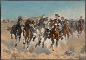 Zsiedli z koni: żołnierze czwartego pułku przemieszczają prowadzone konie autorstwa Frederic Remington