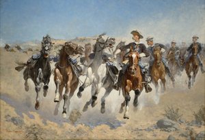 Zdemontowani: Czwarty żołnierze poruszający doprowadzonymi końmi, 1890 autorstwa Frederic Remington