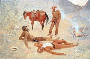 Leżał tam, gdzie został szarpnięty, wciąż jak kłoda autorstwa Frederic Remington