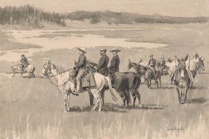 Na górnych wodach — Burgess. Szukanie forda, ca. 1893. autorstwa Frederic Remington