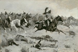Pędzące czerwone loże przeszły przez linię, ok. godz. 1900. autorstwa Frederic Remington