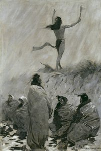 Pożeracz ognia wzniósł ręce do ptaka grzmotu, ok. 1900 autorstwa Frederic Remington