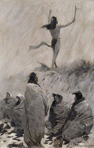 Ogniożerca wzniósł ręce do Ptaka Grzmotu, c. 1900. autorstwa Frederic Remington