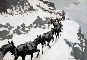 Pakiet muła (pociąg z rudą jadący do kopalni srebra w stanie Kolorado) 1901 autorstwa Frederic Remington